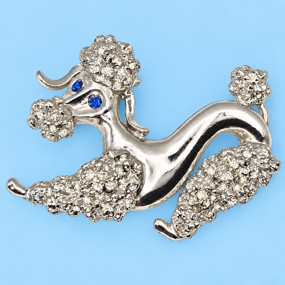 Vintage GERRY'S Poodle Dog Brooch Silver Tone Blue Rhinestone Eyes Signed -3769